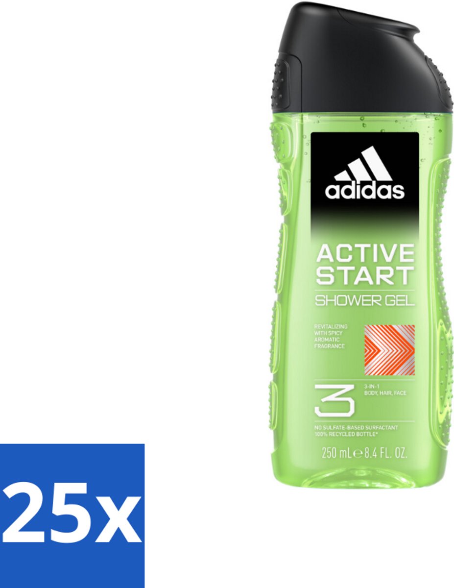 25 x Adidas Shower Gel Active Start 250 ml - Douchegel - 3-in-1 - Lichaam - Gezicht - Haar
