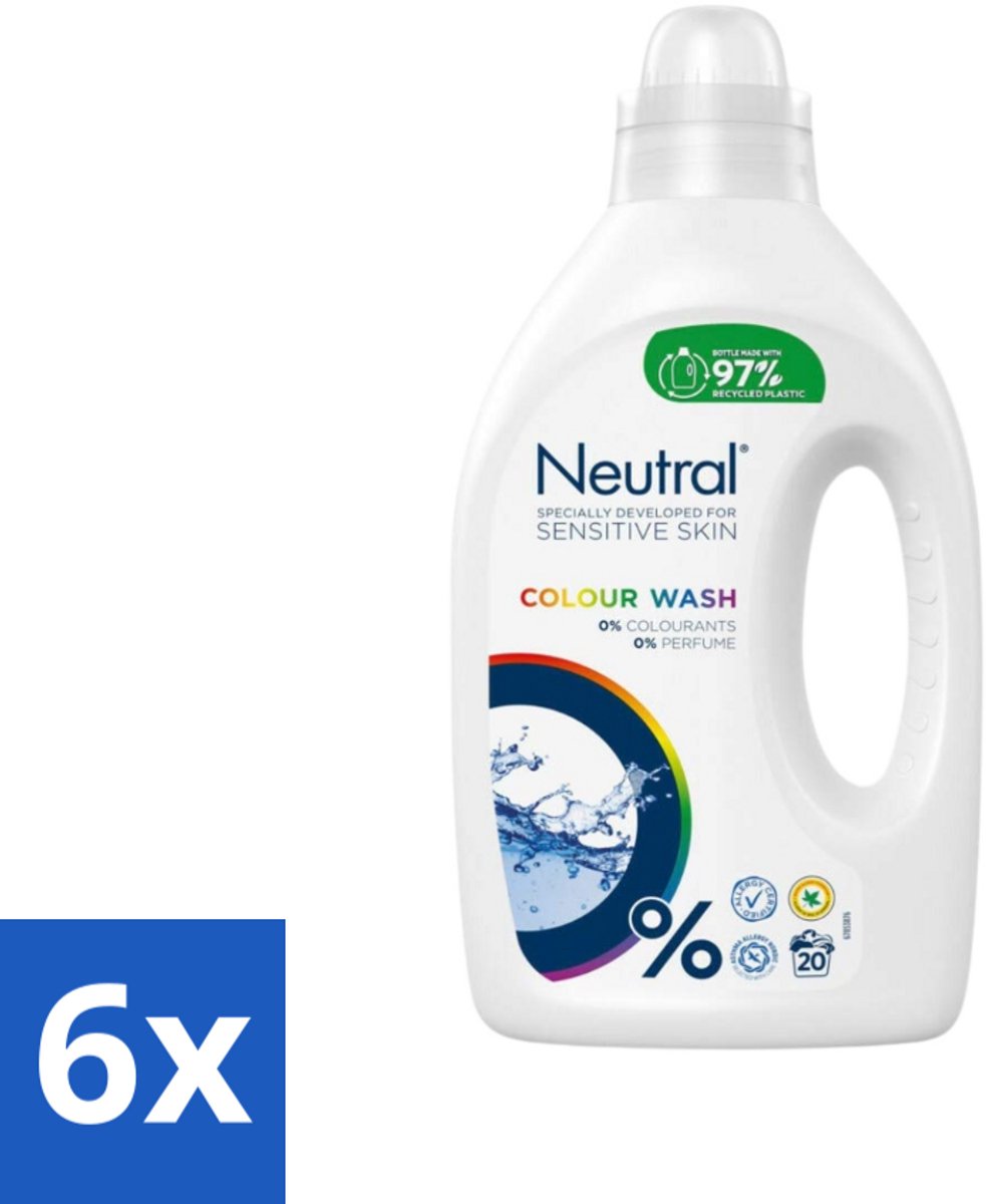 6 x Neutral Vloeibaar Wasmiddel Kleur 20 Wasbeurten 1 liter - Gekleurde Was - Wasmiddel - Wasmiddel Zonder Parfum - Wasmiddel Zonder Kleurstof - Hypoallergeen Wasmiddel