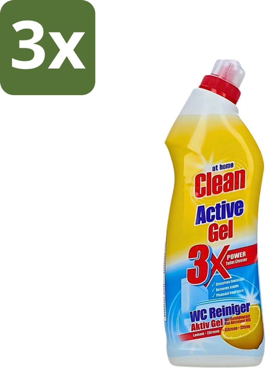 3 x At Home - Clean - Active Gel - Toiletreiniger - Lemon - Extra Krachtig - 750 ml - Toiletreiniger - Kalk Verwijderen - Toilet Reinigen - Lemon Geur - Hygiëne Toilet