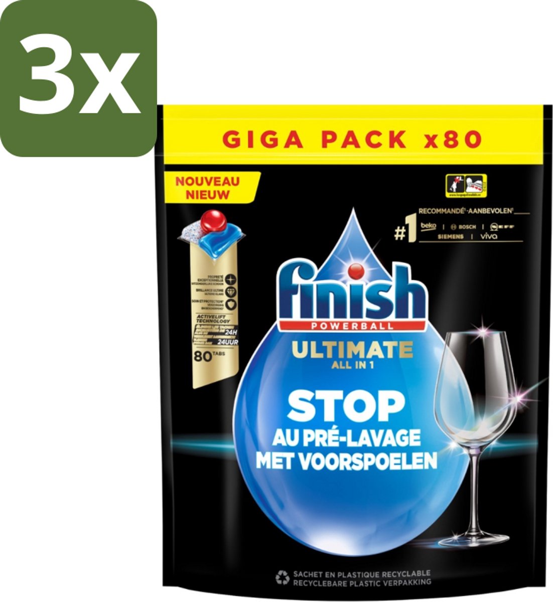 3 x Finish - Powerball - Vaatwasmiddel - Ultieme Alles In 1 - Glansspoelmiddel - 80 Wasbeurten - Vaatwasmiddel - Reiniging - Glans - Vaatwasmiddel Capsule - ACTIVLIFT™