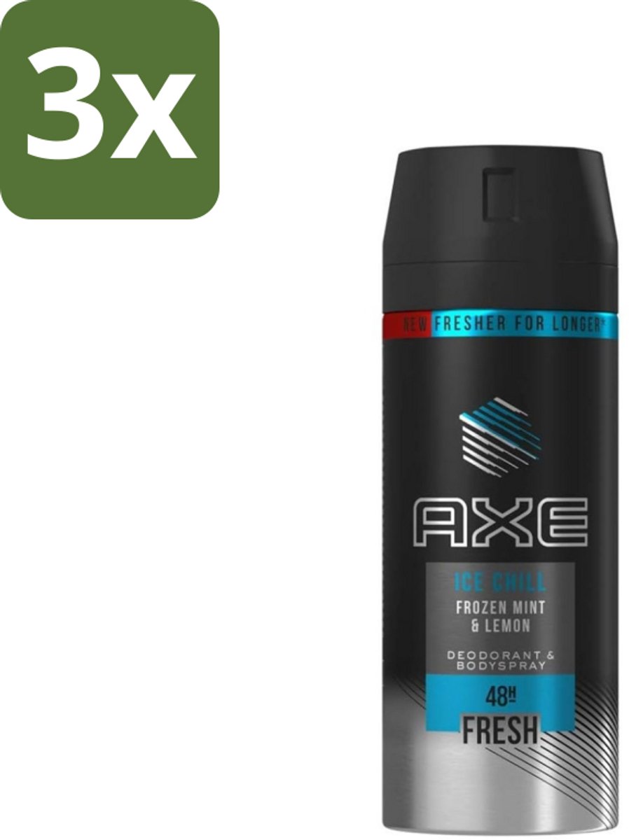 3 x Axe - Deodorant Bodyspray - 48hrs Fresh - Ice Chill - Frozen Mint & Lemon - 150 ml - Axe Ice Chill - Deodorant Bodyspray - 48h Fresh - Bevroren Munt En Citroen - Geurbestrijding