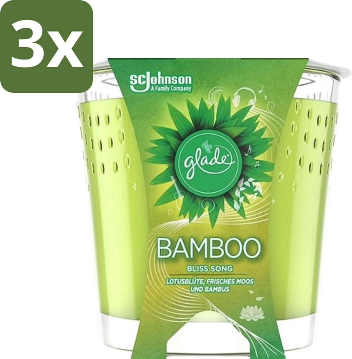 3 x Glade - Geurkaars - Bamboo Bliss Song - Frisse Geur & Relaxatie - 129 g - Bamboo Geur - Rust - Ontspanning - Geurkaars - Frisse Geur