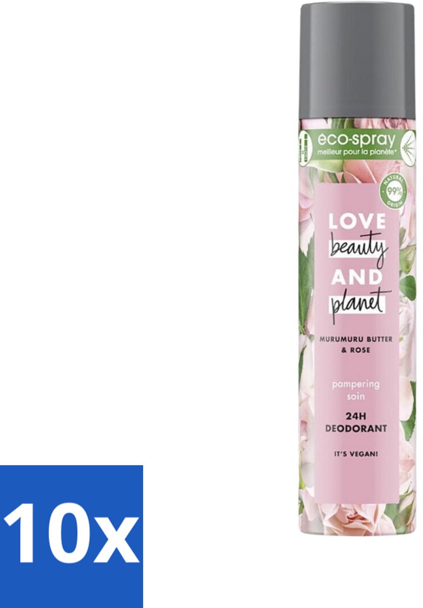 10 x Love Beauty and Planet - Deospray - Murumuru Butter & Rose - 75 ml - Deospray - Murumuru Butter - Roze Geur - Vegan Deodorant - Natuurlijke Deodorant
