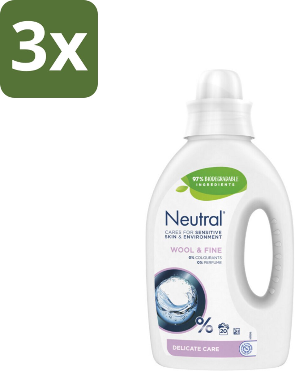 3 x Neutral Vloeibaar Wasmiddel Wol & Fijn 20 Wasbeurten 1 liter - Neutraal Wasmiddel - Hypoallergisch Wasmiddel - Parfumvrij Wasmiddel - Gevoelige Huid - Wasmachine