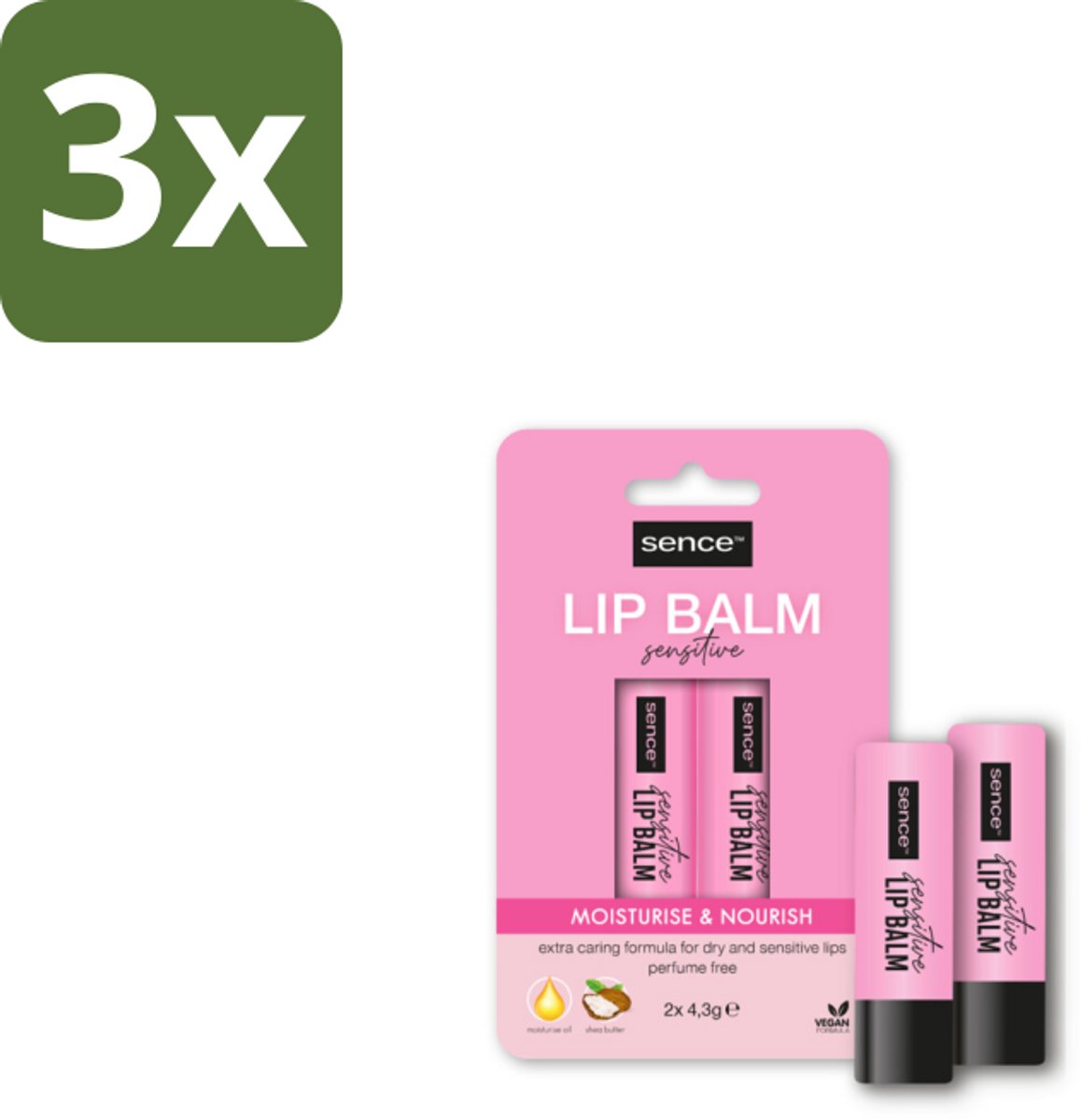 3 x Sence Lippenbalsem Sensitive 2 stuks per verpakking - Lippenbalsem - Voedend Lippenbalsem - Hydraterend Lippenbalsem - Droge Lippen - Gevoelige Lippen