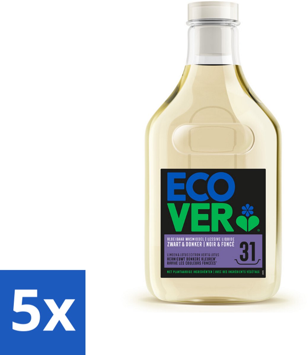 Ecover Vloeibaar Wasmiddel Zwart & Donker - Limoen & Lotus 31 Wasbeurten 1,43 liter - Bulkverpakking - 5 stuks