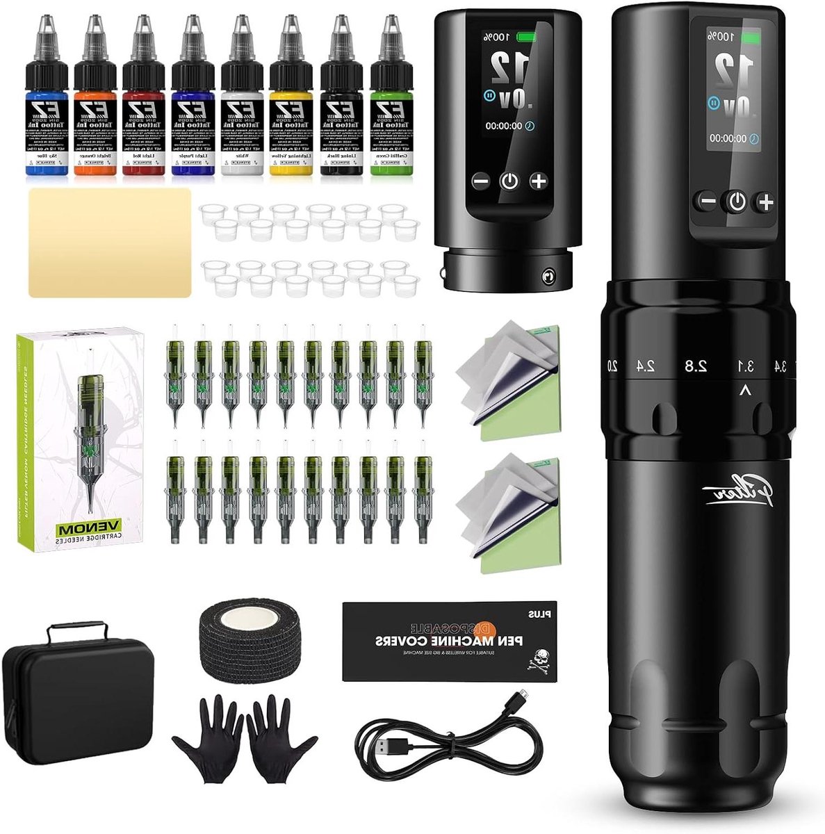 Tatoeage Machine Kit - Draadloze Pen - Artistiek Lichaamswerk - Instelbare Slagen - 7 Uur Batterij - Zwart