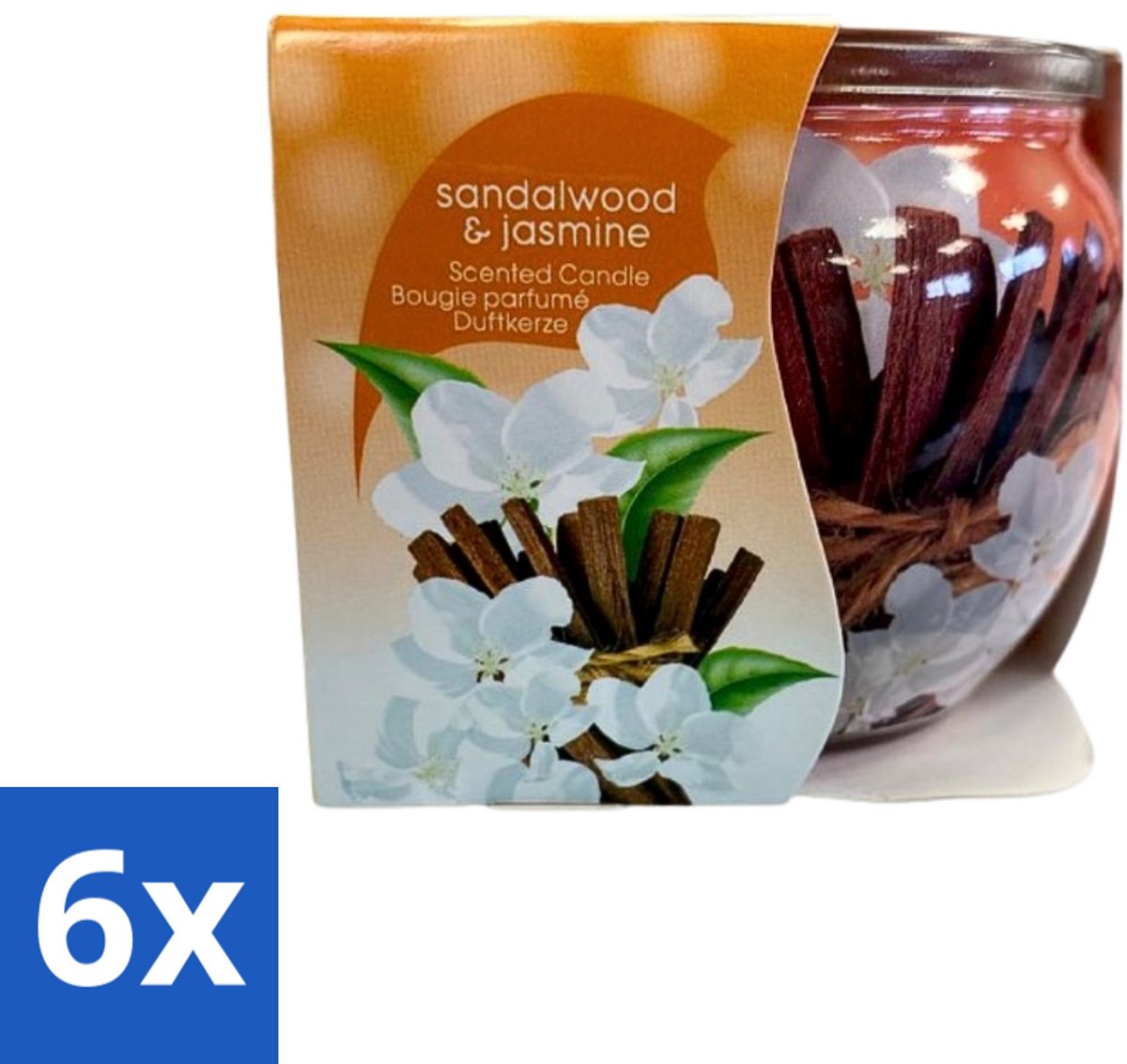 6 x At Home - Scents - Geurkaars - Sandalwood & Jasmin - 70 g - Geurkaars - Sandelhout - Jasmijn - Thuisgeur - Rustgevende Geur