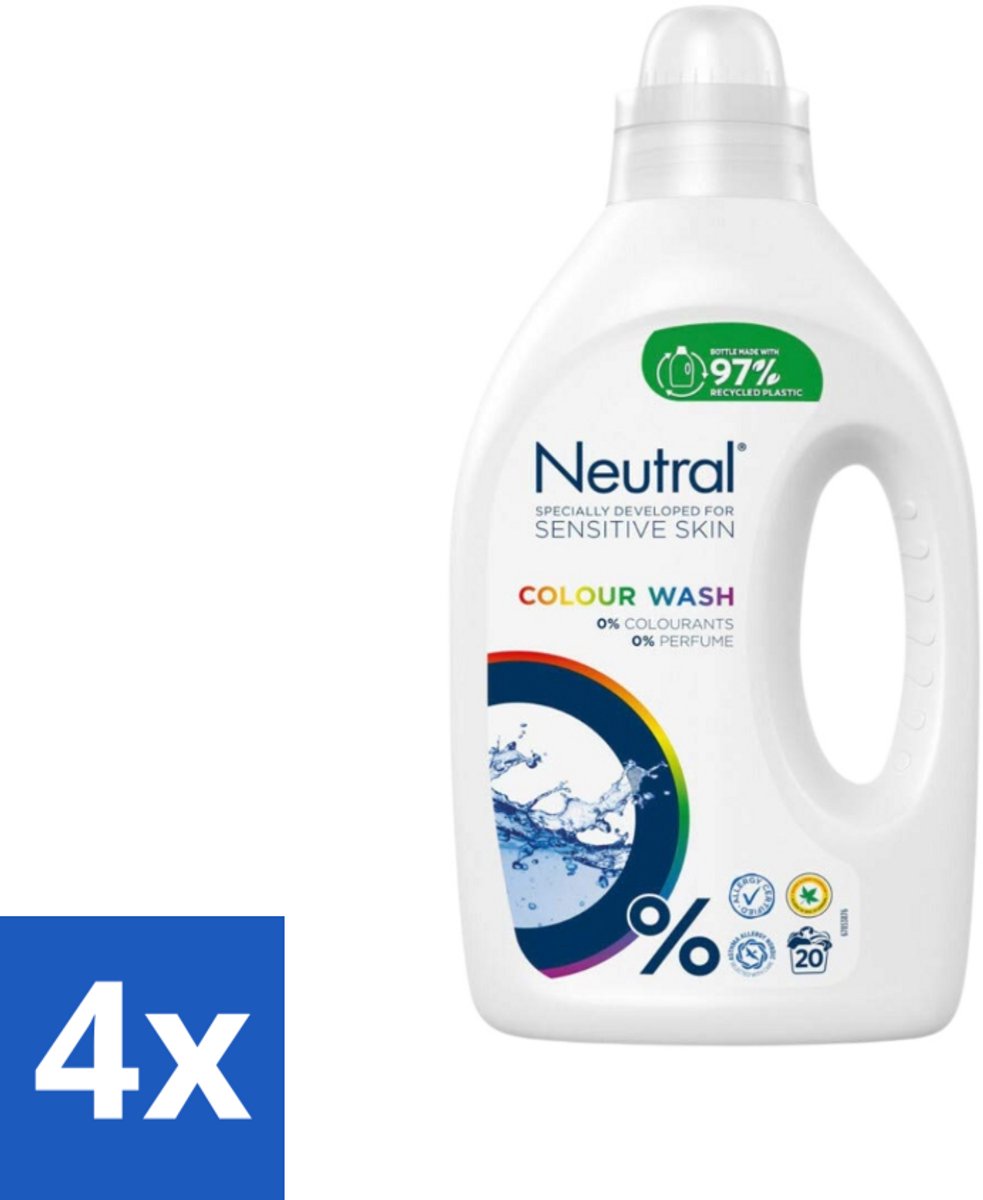 4 x Neutral Vloeibaar Wasmiddel Kleur 20 Wasbeurten 1 liter - Gekleurde Was - Wasmiddel - Wasmiddel Zonder Parfum - Wasmiddel Zonder Kleurstof - Hypoallergeen Wasmiddel