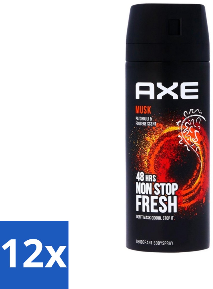 12 x Axe - Deodorant Bodyspray - 48hrs Non Stop Fresh - Musk - Patchouli & Fougere - 150 ml - Axe Musk Deodorant Bodyspray - Musk Geur - Deodorant Spray - Lichaamsgeur - Geurbescherming