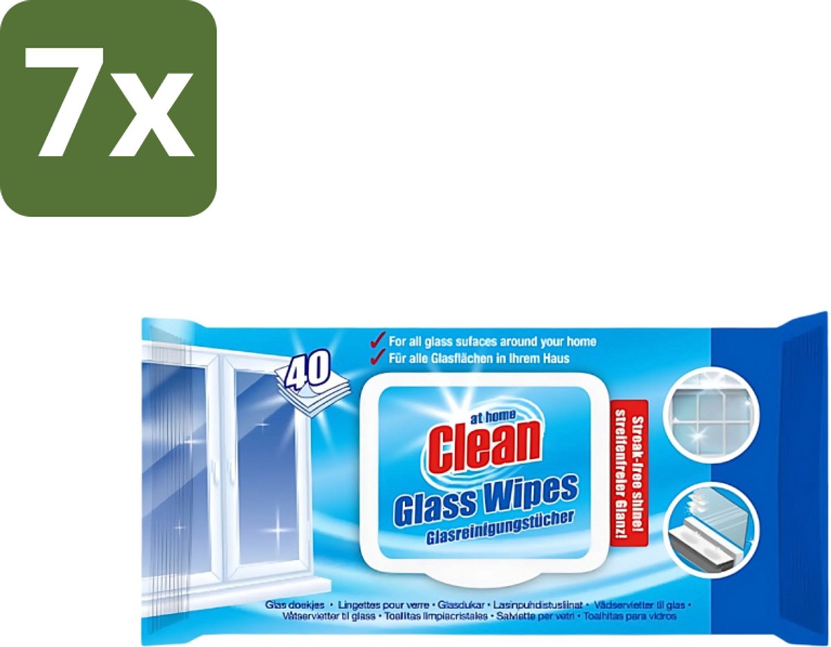 7 x At Home - Clean - Glas Reinigingsdoekjes - Reinigt Streepvrij - 40 Doekjes - Reinigingsdoekjes Glas - Streepvrij Reinigen - Glas Reinigen - Ruiten Reinigen - Spiegels Reinigen