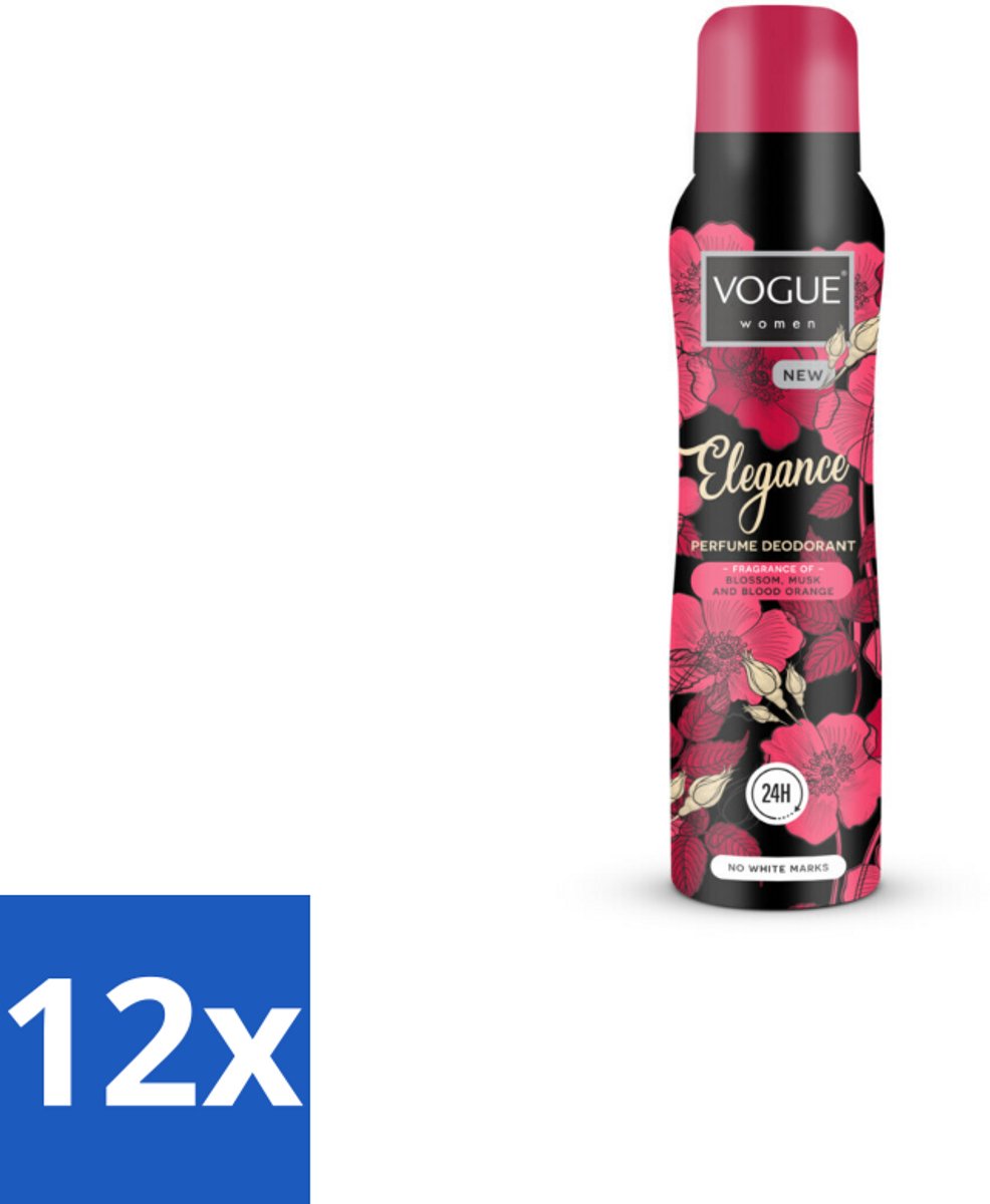 12 x Vogue Elegance Parfum Deodorant 150 ml - Deodorant - Parfum Deodorant - 24 Uur Bescherming - Zweetbescherming - Geur