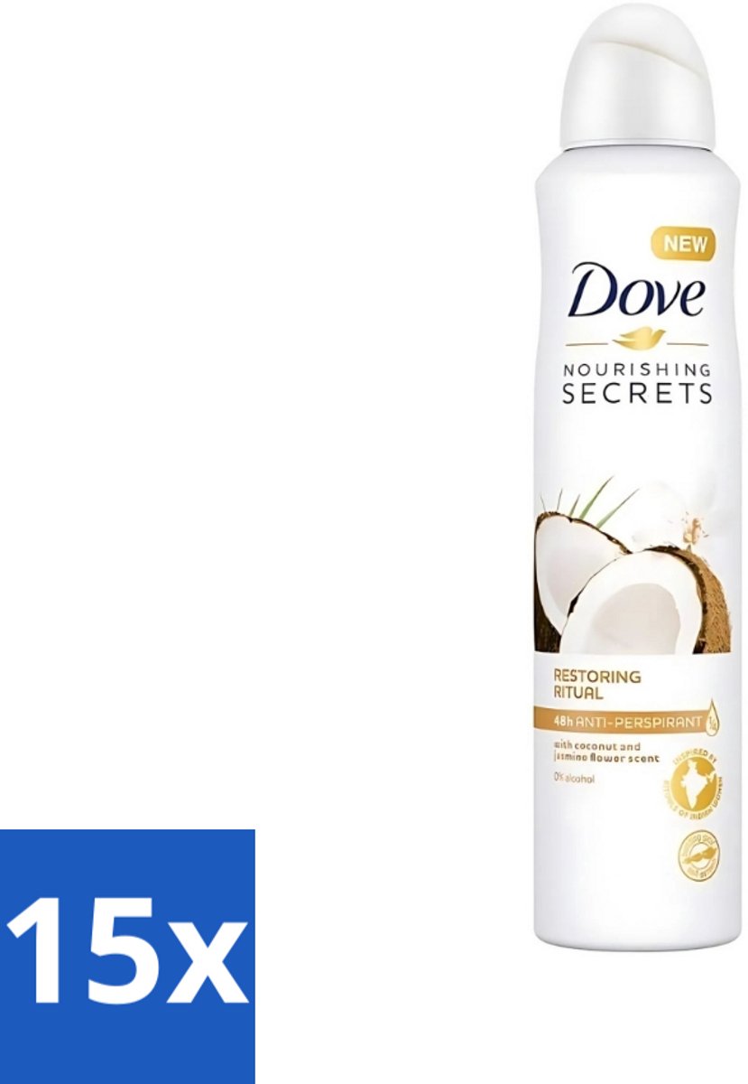 15 x Dove - Deodorant - Coconut & Jasmine Flower - Tropisch en verzorgend - 250 ml - Dove Deodorant - Kokos En Jasmijn - Anti-transpirant Spray - Verzorgende Deodorant - Geur Van Kokos En Jasmijn