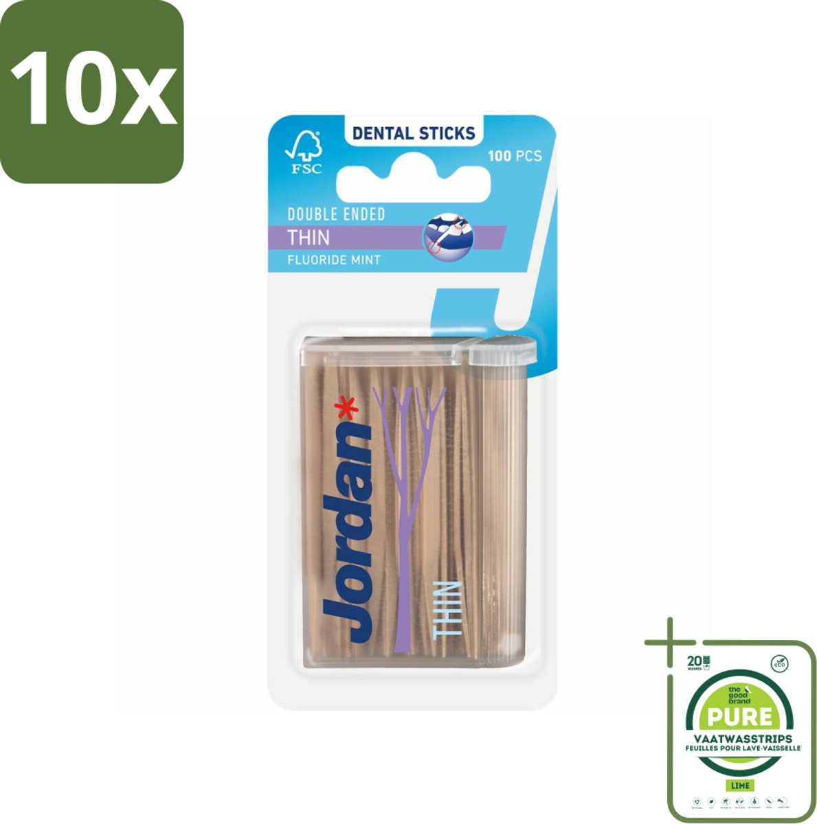 10 x Jordan Tandenstokers Double Ended Thin 100 stuks per verpakking - Grootverpakking - Tandenstokers - Dubbelzijdige Tandenstokers - Interdentale Reiniging - Tandplak Verwijderen - Fluoride