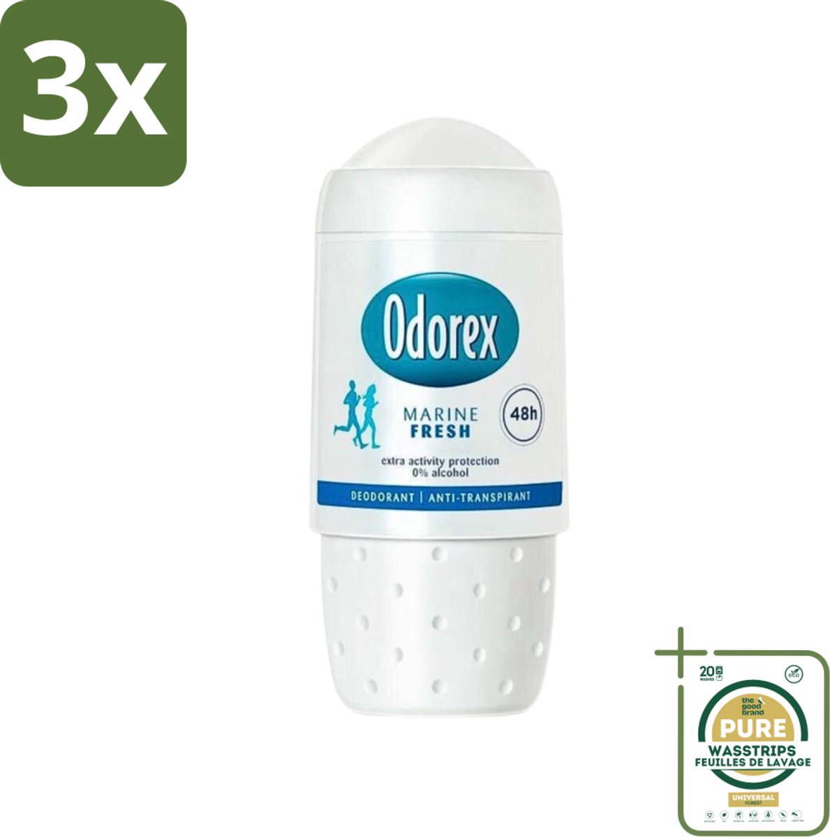 3 x Odorex - Deodorant Roller - Marine Fresh - Verkwikkende Geur - 50 ml - Grootverpakking - Deodorant Roller - Marine Geur - 48 Uur Bescherming - 0% Alcohol - Dermatologisch Goedgekeurd