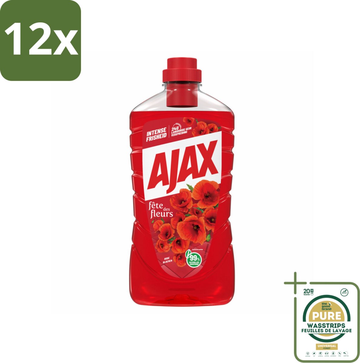 Ajax Allesreiniger Fete de Fleur Rode bloemen 1 liter - Voordeelverpakking - 12 stuks - Bloemen geur - Natuurlijke reiniging