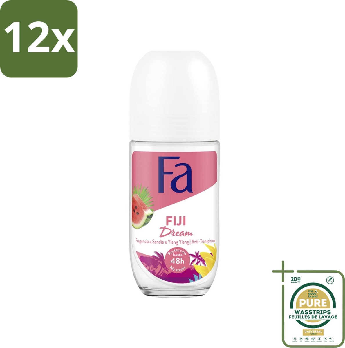 Fa - Deodorant Roller - Fiji Dream - Watermeloen & Ylang Ylang - 48 uur Bescherming - 50 ml - Voordeelverpakking - 12 stuks - Watermeloen geur - Ylang ylang geur