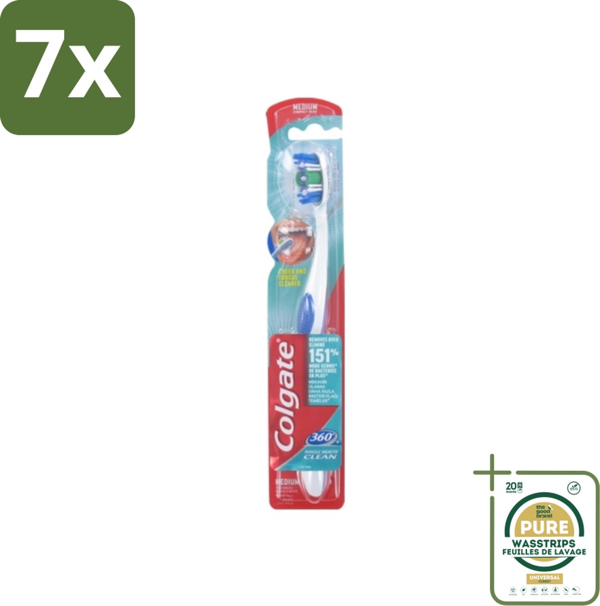 7 x Colgate - Tandenborstel - 360 Whole Mouth Clean Medium - Wit/Blauw - 1 Tandenborstel - Grootverpakking - Tandenborstel - Mondhygiëne - Tandenpoetsen - Bacteriën - Tandplak