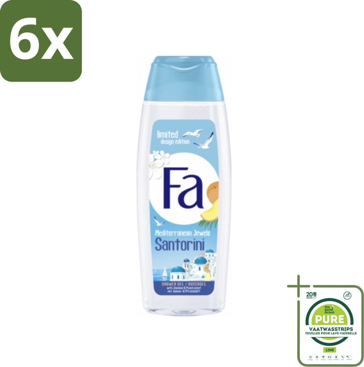 Fa - Douchegel - Mediterranean Jewels Santorini - Verfrissend & Hydraterend - Verzachtend - 250 ml - Voordeelverpakking - 6 stuks - Douchegel santorini - Verfrissend douchegel