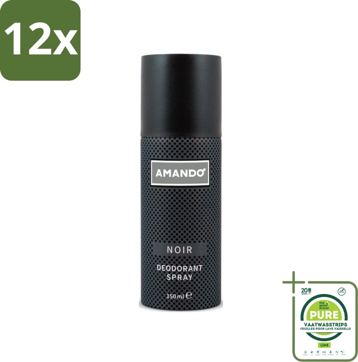 Amando - Noir - Deodorant - Spray - 150 ml - Voordeelverpakking - 12 stuks - Amando Noir Deodorant Spray - Deodorant spray voor mannen