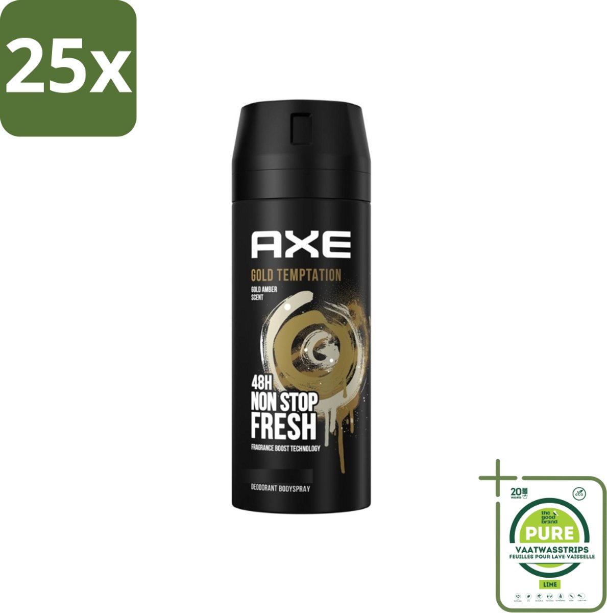 25 x Axe - Deodorant Bodyspray - 48hrs Non Stop Fresh - Gold Temptation - Gold Amber - 150 ml - Grootverpakking - Axe Gold Temptation - Deodorant Bodyspray - Frisheid - Geur - Geurbescherming