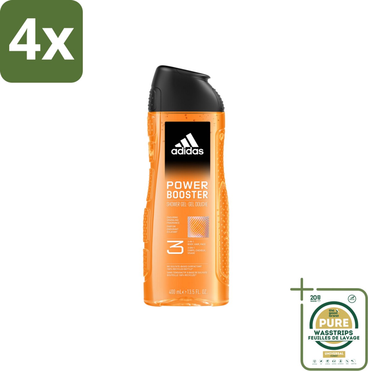 Adidas Shower Gel Power Booster 250 ml - Voordeelverpakking - 4 stuks - Lichaam - Gezicht