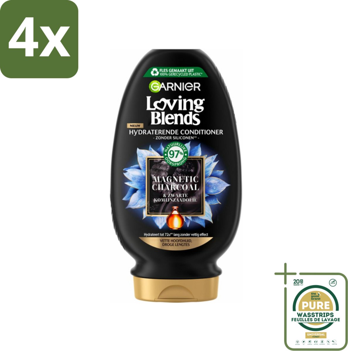 Garnier Loving Blends Magnetic Charcoal Conditioner 250 ml - Voordeelverpakking - 4 stuks - Conditioner - Zuiverende conditioner