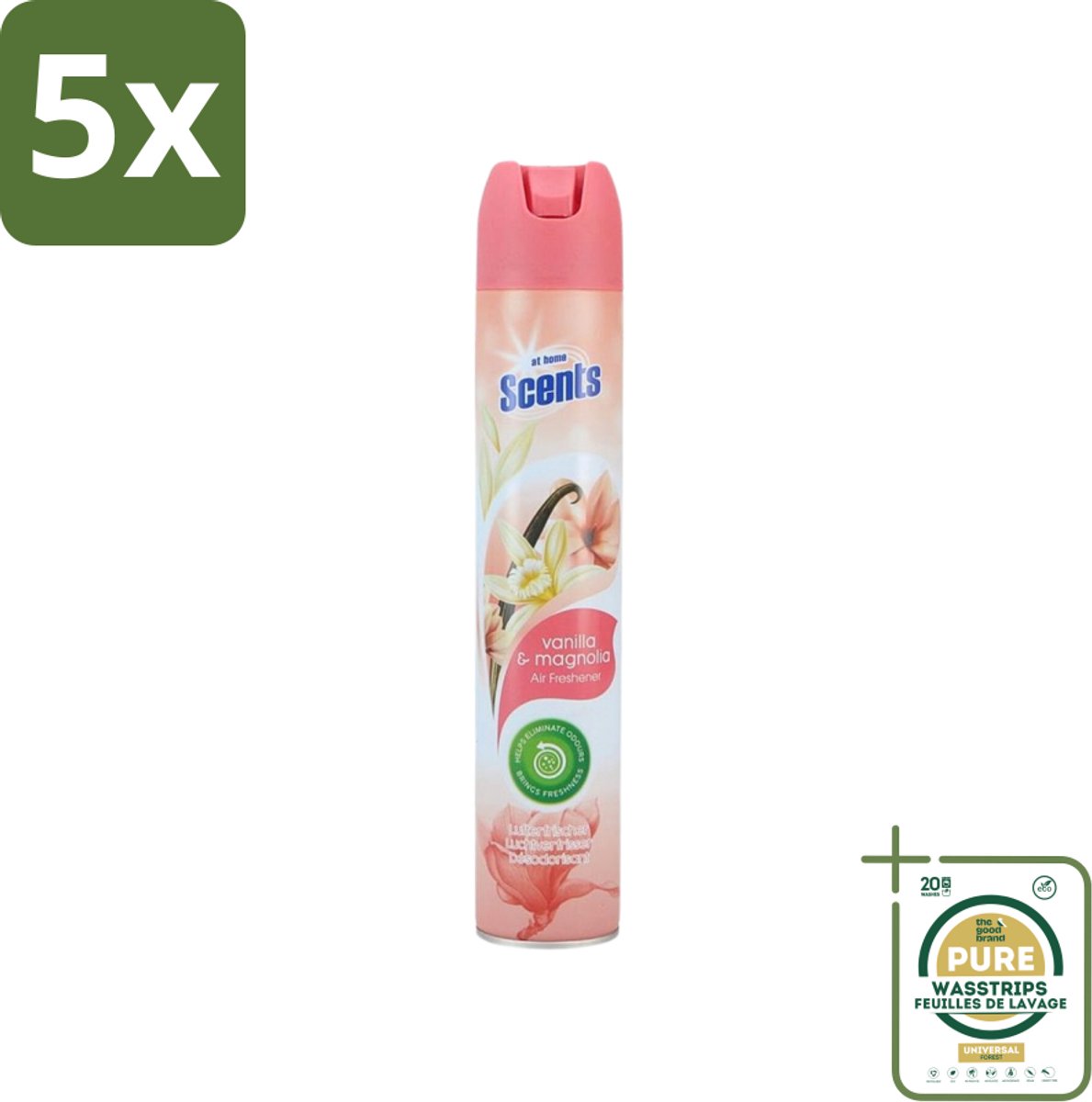 5 x At Home - Scents - Luchtverfrisser - Vanilla & Magnolia - Verwijdert Vieze Geurtjes - 400 ml - Grootverpakking - Luchtverfrisser - Geur - Vieze Geurtjes - Geur Neutraliseren - Geur Verspreiding