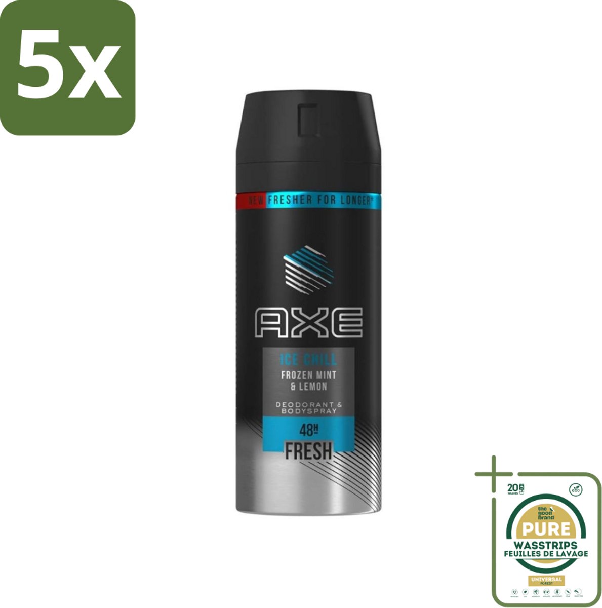 5 x Axe - Deodorant Bodyspray - 48hrs Fresh - Ice Chill - Frozen Mint & Lemon - 150 ml - Grootverpakking - Axe Ice Chill - Deodorant Bodyspray - 48h Fresh - Bevroren Munt En Citroen - Geurbestrijding