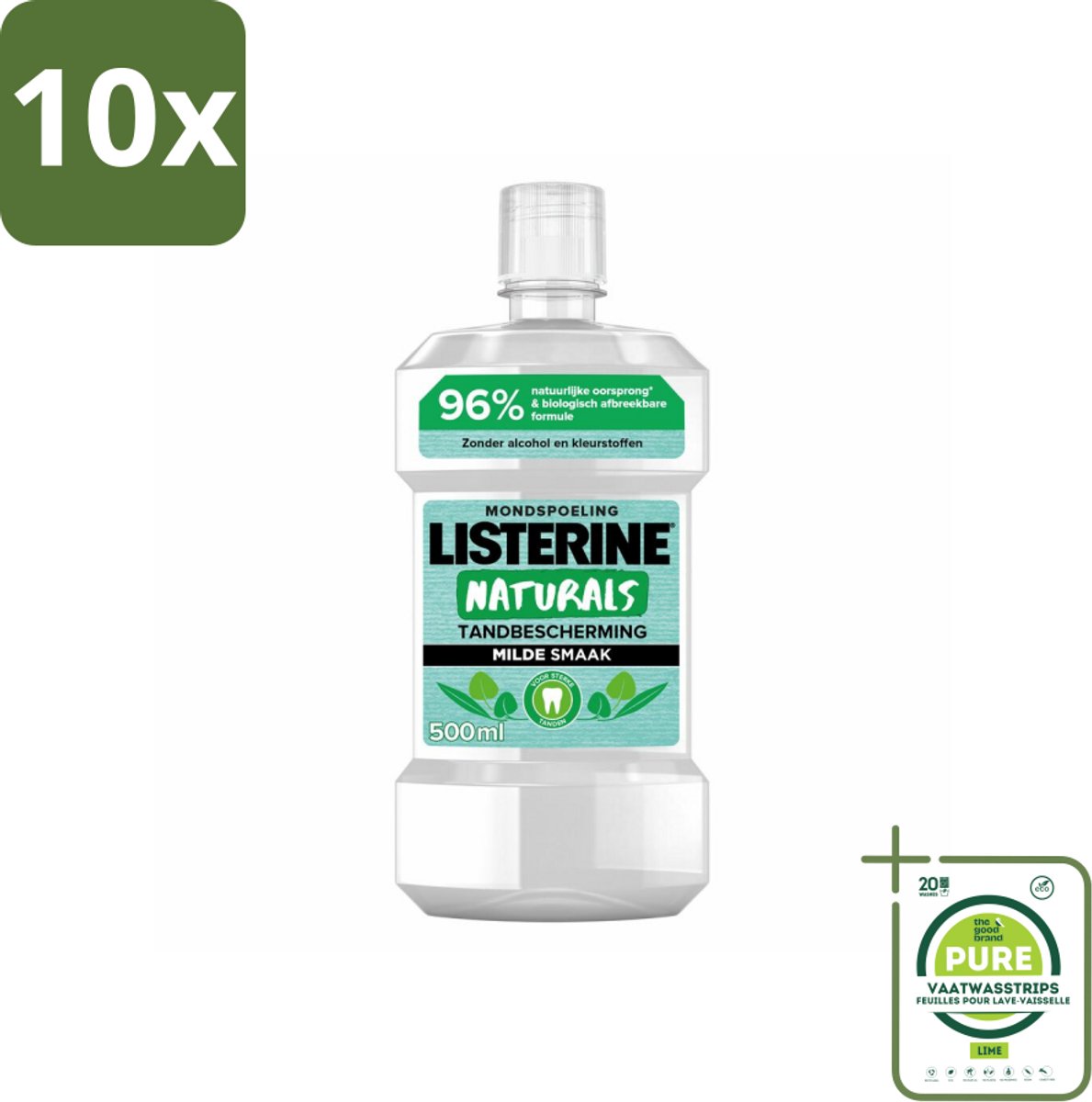 10 x Listerine Naturals Mondwater Tandbescherming 500 ml - Grootverpakking - Mondspoeling - Mondwater - Tandbescherming - Natuurlijk Mondwater - Tandgezondheid
