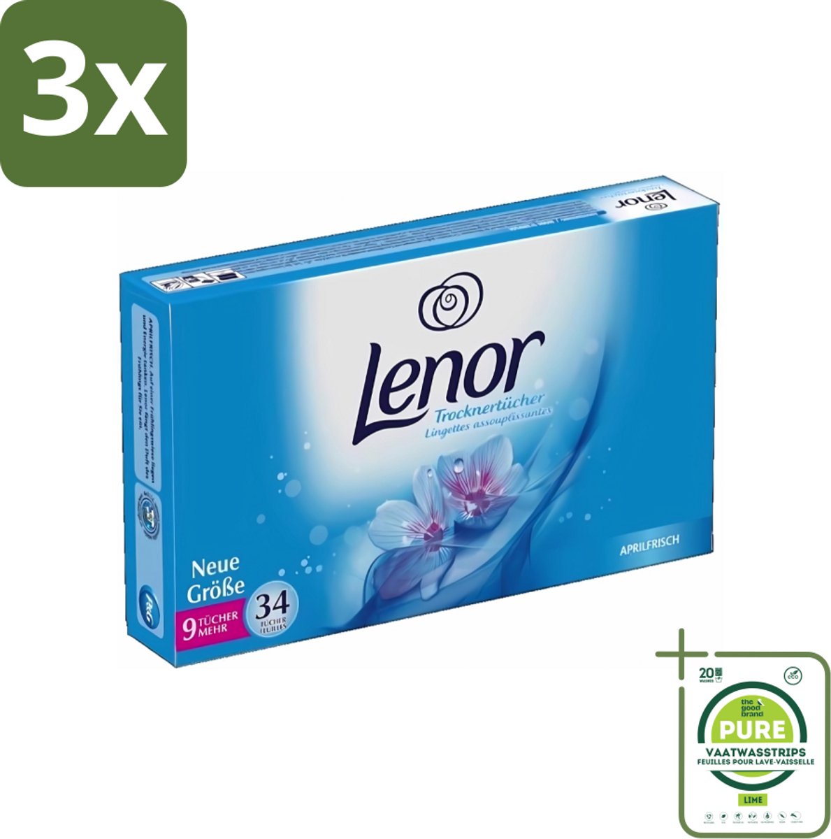 3 x Lenor - Droogtrommeldoekjes - Aprilfris - Textielverfrisser - 34 Doekjes - Grootverpakking - Droogtrommeldoekjes - Frisheid - Wasdoekjes - Statische Elektriciteit - Textielverfrisser