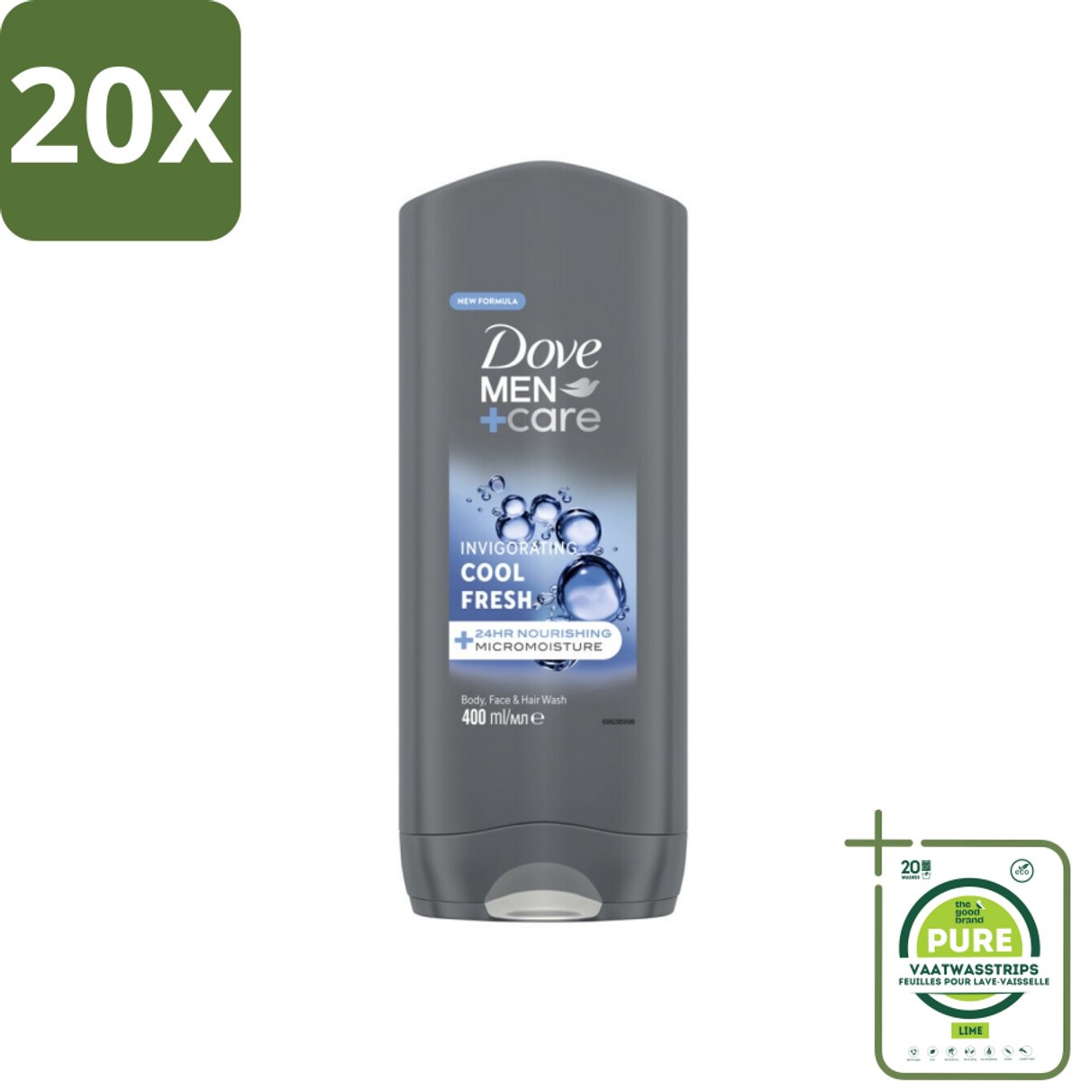 20 x Dove - Douchegel - Men+ Care Cool Fresh - Verfrissend en energiegevend - 400 ml - Grootverpakking - Douchegel Voor Mannen - Verfrissende Geur - Hydraterende Douchegel - Micro Moisture Technologie - Huid Verzorging