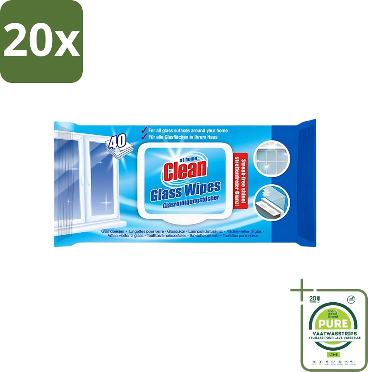 20 x At Home - Clean - Glas Reinigingsdoekjes - Reinigt Streepvrij - 40 Doekjes - Grootverpakking - Reinigingsdoekjes Glas - Streepvrije Doekjes - Glas Reinigen - Ruiten Reinigen - Spiegels Reinigen