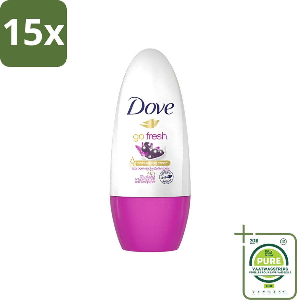 15 x Dove - Deodorant - Roller Go Fresh Acai Berry & Waterlily - Frisse geur - 50 ml - Grootverpakking - Açaí Berry & Waterlily - Frisheid - Anti-transpirant - Roll-on Deodorant - Okselhuid Verzorging