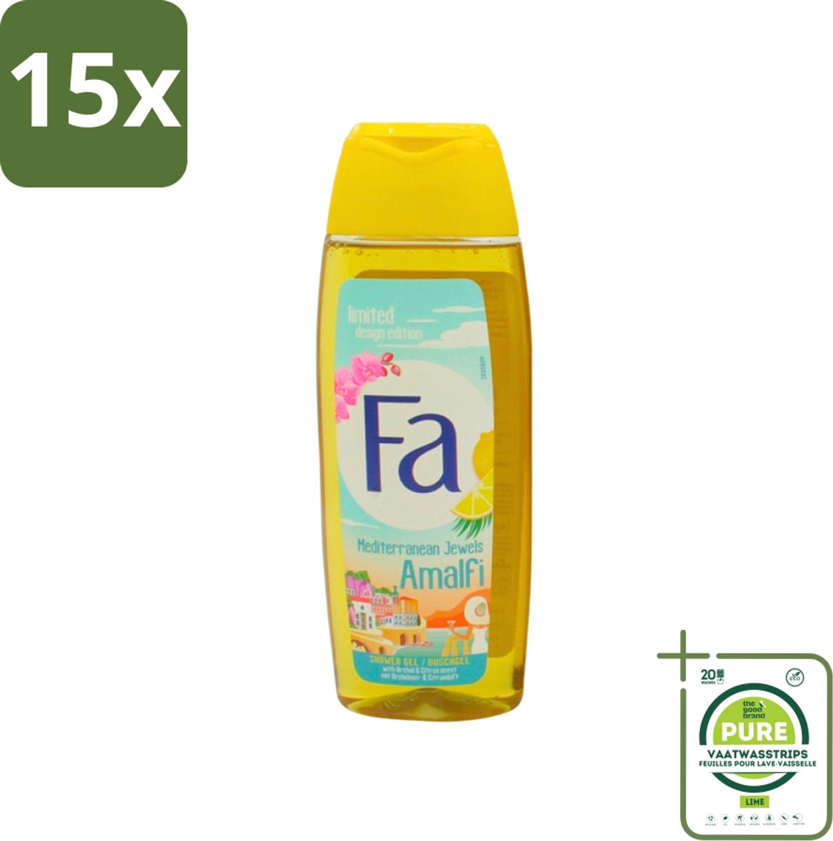 15 x Fa - Douchegel - Mediterranean Jewels Amalfi - Orchidee & Citrus - Frisse & Tropische Geur - Verfrissend - 250 ml - Grootverpakking - Douchegel Orchidee Citrus - Tropische Geur - Verfrissend - Huidhydraterend - Douchegel Mediterrane