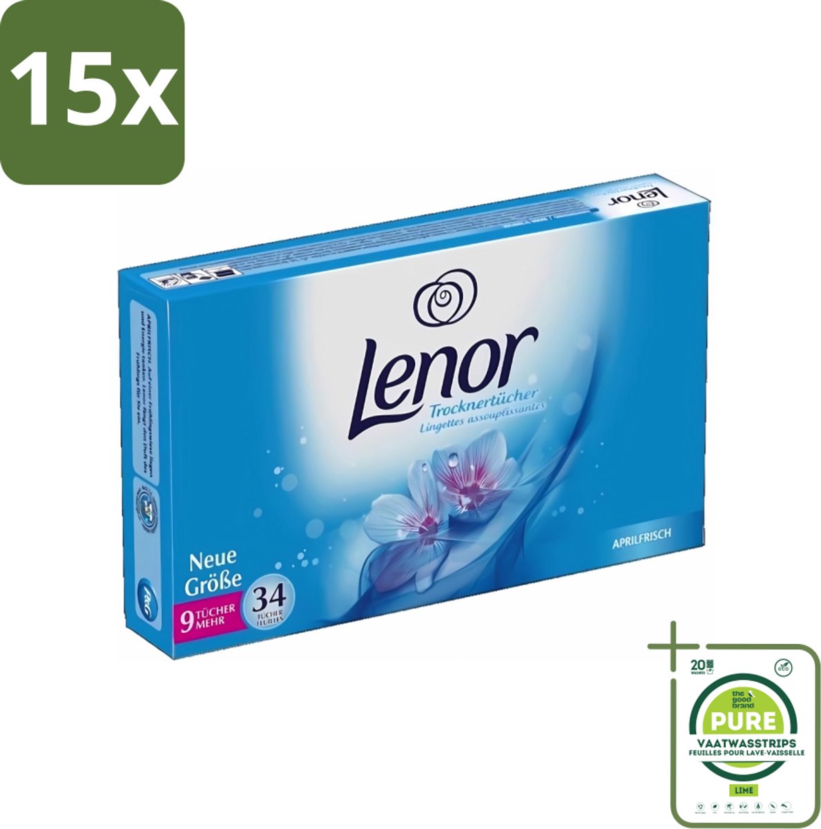 15 x Lenor - Droogtrommeldoekjes - Aprilfris - Textielverfrisser - 34 Doekjes - Grootverpakking - Droogtrommeldoekjes - Frisheid - Wasdoekjes - Statische Elektriciteit - Textielverfrisser