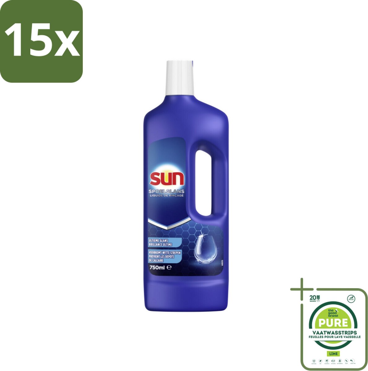 15 x Sun Spoelglans Normaal 750 ml - Grootverpakking - Spoelglans - Vaatwasmachine - Droogtijd - Kalkaanslag - Strepen