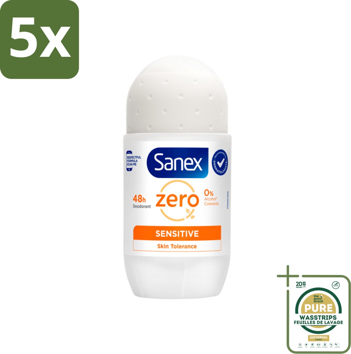 5 x Sanex Deodorant Roller Zero% Sensitive Skin 50 ml - Grootverpakking - Sanex Deodorant Zero% Sensitive - Alcoholvrije Deodorant - Parabenenvrije Deodorant - Gevoelige Huid - Deodorant Voor Mannen En Vrouwen