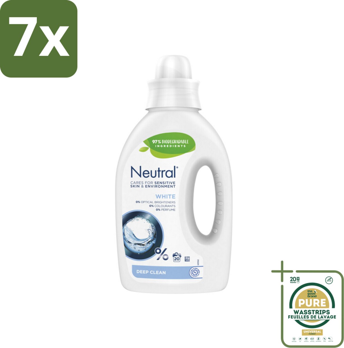 7 x Neutral Vloeibaar Wasmiddel Wit 20 Wasbeurten 1 liter - Grootverpakking - Gevoelige Huid - Wasmiddel - Wasmachine - Wasmiddel Voor Gevoelige Huid - Parfumvrij