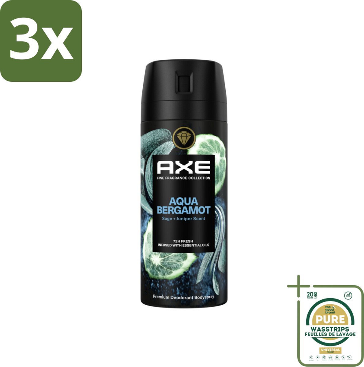 3 x Axe Deodorant Bodyspray Aqua Bergamot 150 ml - Grootverpakking - Axe Aqua Bergamot - Deodorant Bodyspray - 72 Uur Bescherming - Onweerstaanbare Geur - Premium Geur