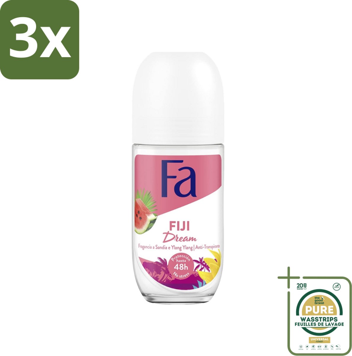 3 x Fa - Deodorant Roller - Fiji Dream - Watermeloen & Ylang Ylang - 48 uur Bescherming - 50 ml - Grootverpakking - Deodorant Roll-on - 48 Uur Bescherming - Watermeloen Geur - Ylang Ylang Geur - Huidvriendelijk