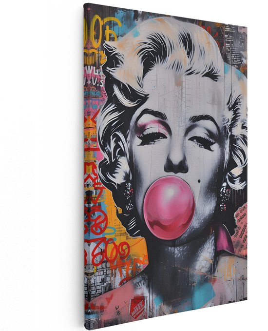 Artaza Canvas Schilderij Marilyn Monroe - 100x150 cm - Groot - Pop Art Wanddecoratie - Muurdecoratie Graffiti - Roze Kauwgombel Portret