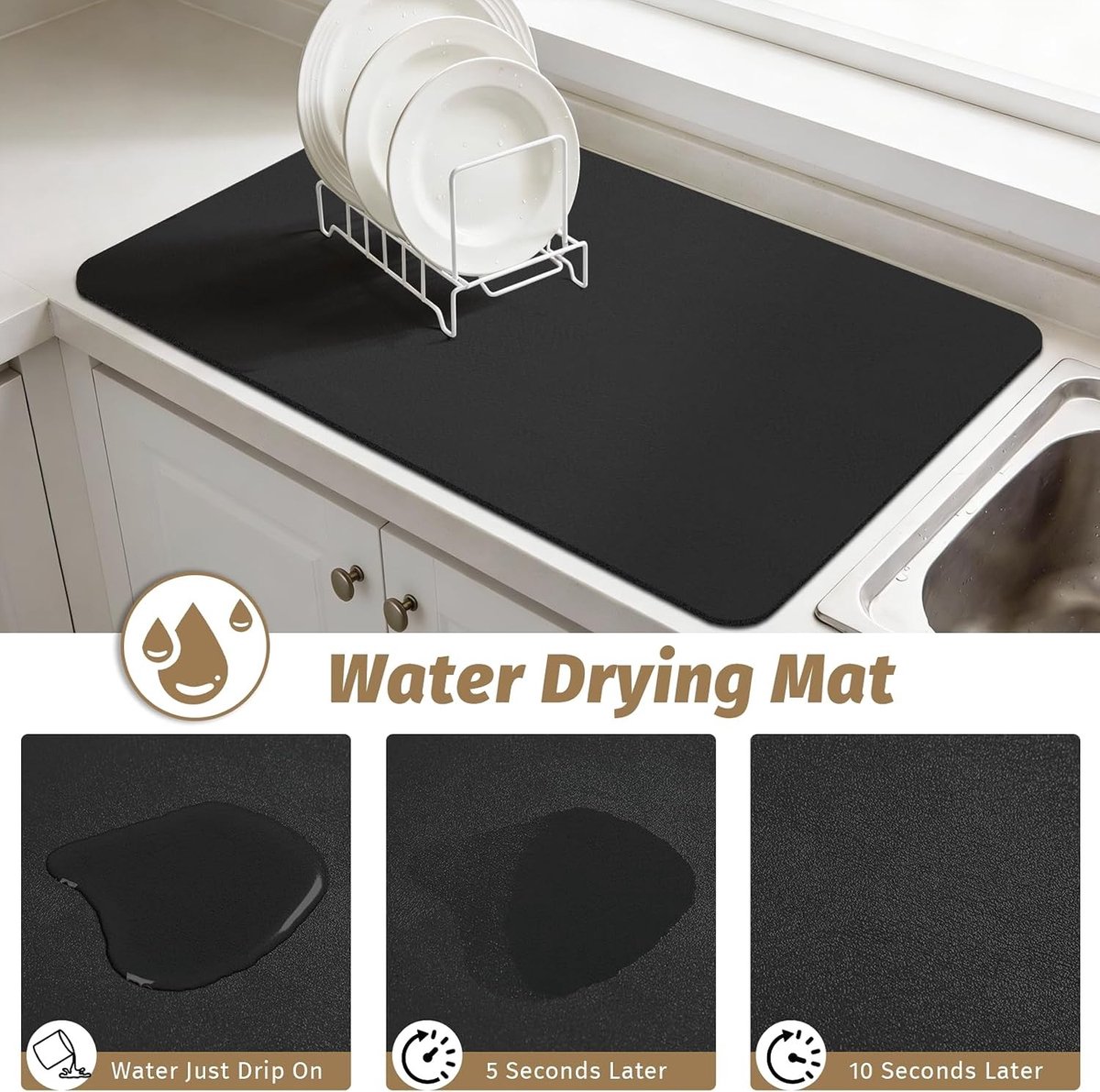Absorberende Droogmat voor Aanrecht, Rubber Onderkant voor Koffiemachine en Espresso - Ideaal als Bar Mat, 44 x 71 cm, Zwart