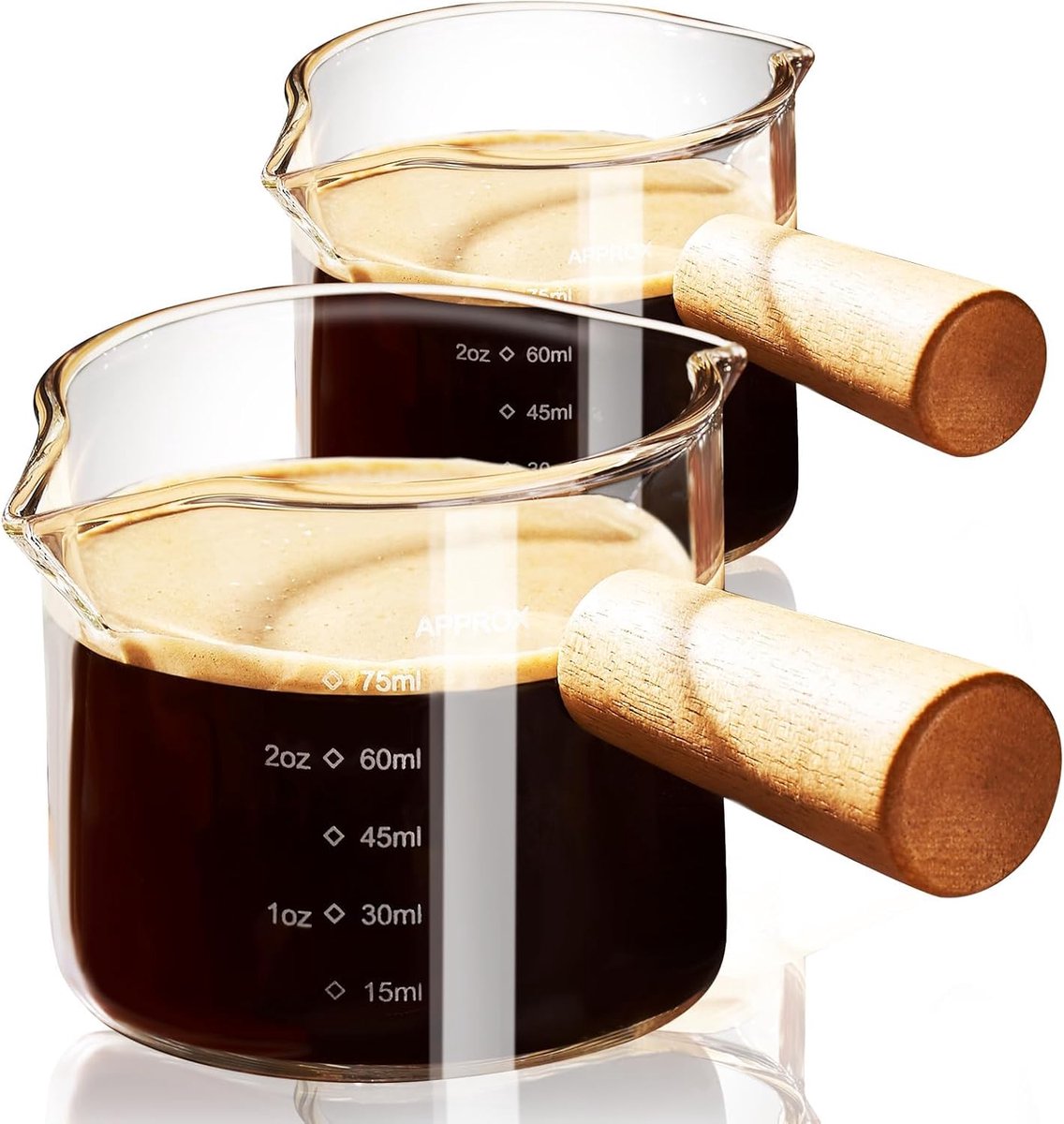 QTTVBTNA – 2 Stuks Espresso Maatbekers 100ml – Maatglas van Borosilicaatglas met Houten Handvat – Voor Espresso, Koffie en Melk – Keukenaccessoire