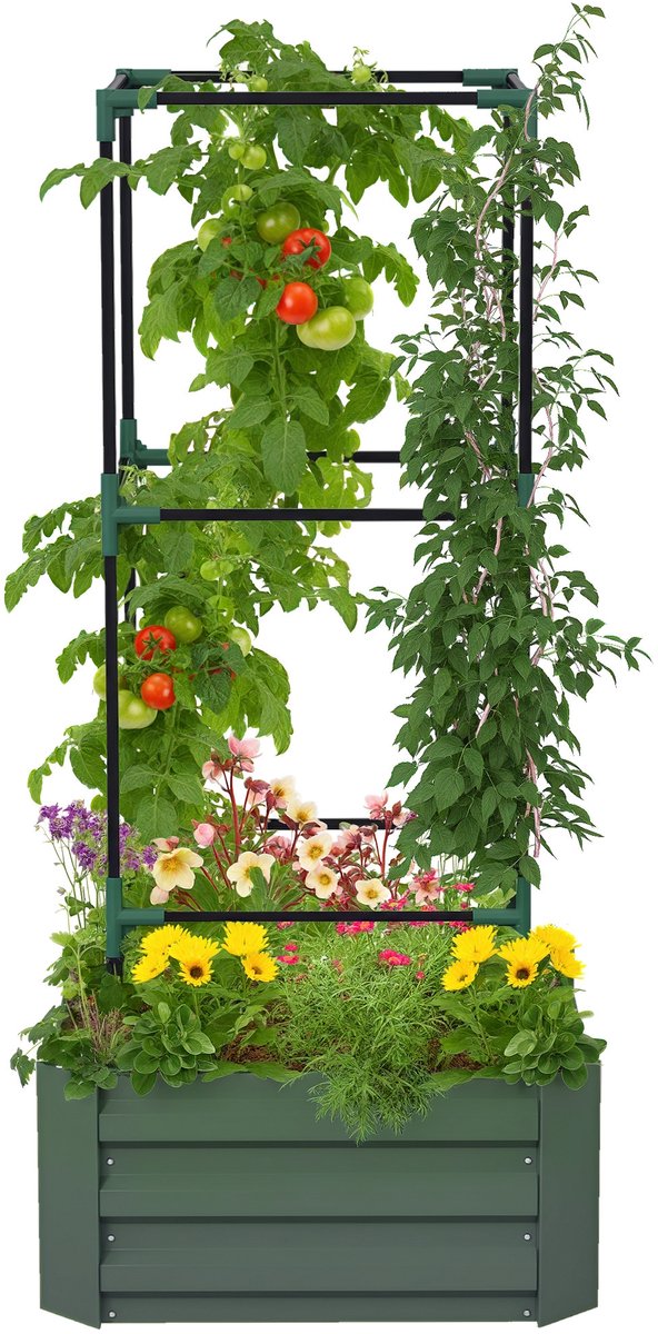 TEKROA® Grote buitenplantenbak met klimrek en open bodem voor klimplanten - 61x61x140 cm - groen