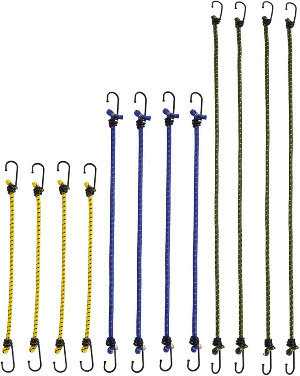 Set van 12 Tension Rubber met Haken, Verstelbare Spanbanden voor Tentbevestiging, Kamperen en Bagagevervoer in 3 Maten (30 cm/40 cm/60 cm)