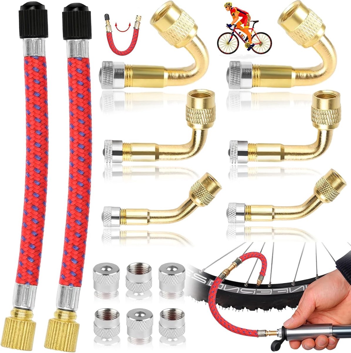 14-delige set ventielverlengstukken voor rubberen banden, flexibele ventieladapter, 45 90 135 graden verlenging