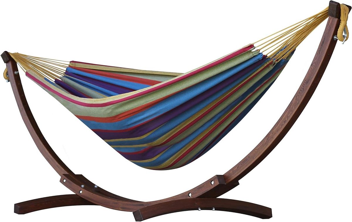 Dubbele Hangmat - Katoenen Hangmat - Ontspannen in de tuin - Massief houten standaard - 260 cm lengte - Meerdere kleuren
