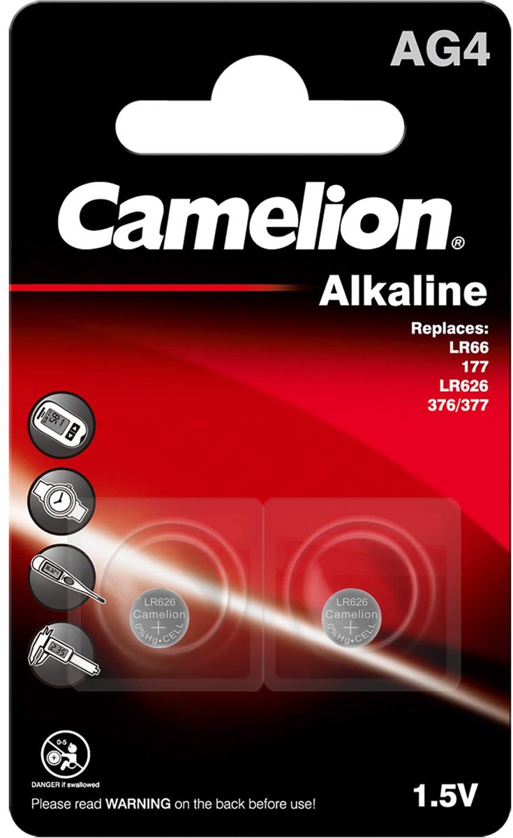 Camelion 12050204 - Alkaline knoopcelbatterij zonder kwik AG4/LR66/LR626/377 met 1,5 volt, set van 2, capaciteit 20 mAh - ShopVlot