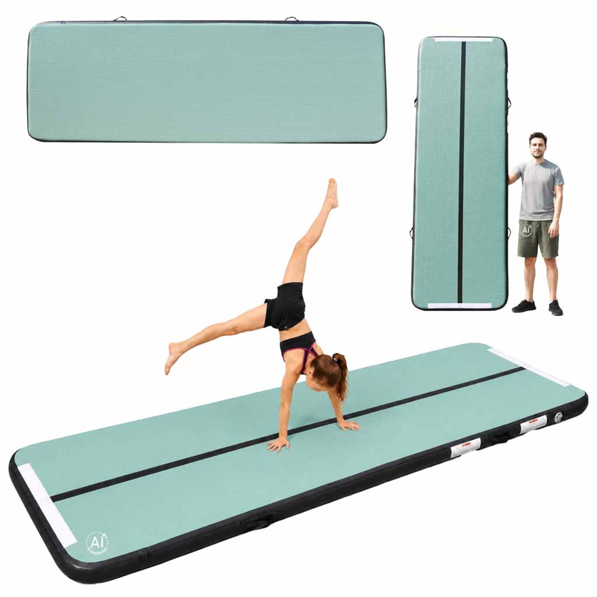 MOZY® - Opblaasbare Turnmat - Turquoise - 300 x 100 cm - met Handvatten - in Draagtas - Inclusief Luchtpomp en Reparatieset - Combineren van Matten - PVC - Sportmat